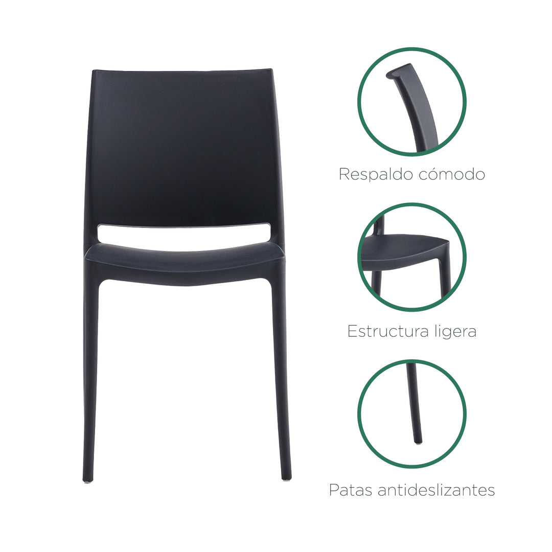 Silla de Comedor de Plástico Apta Exterior Negra