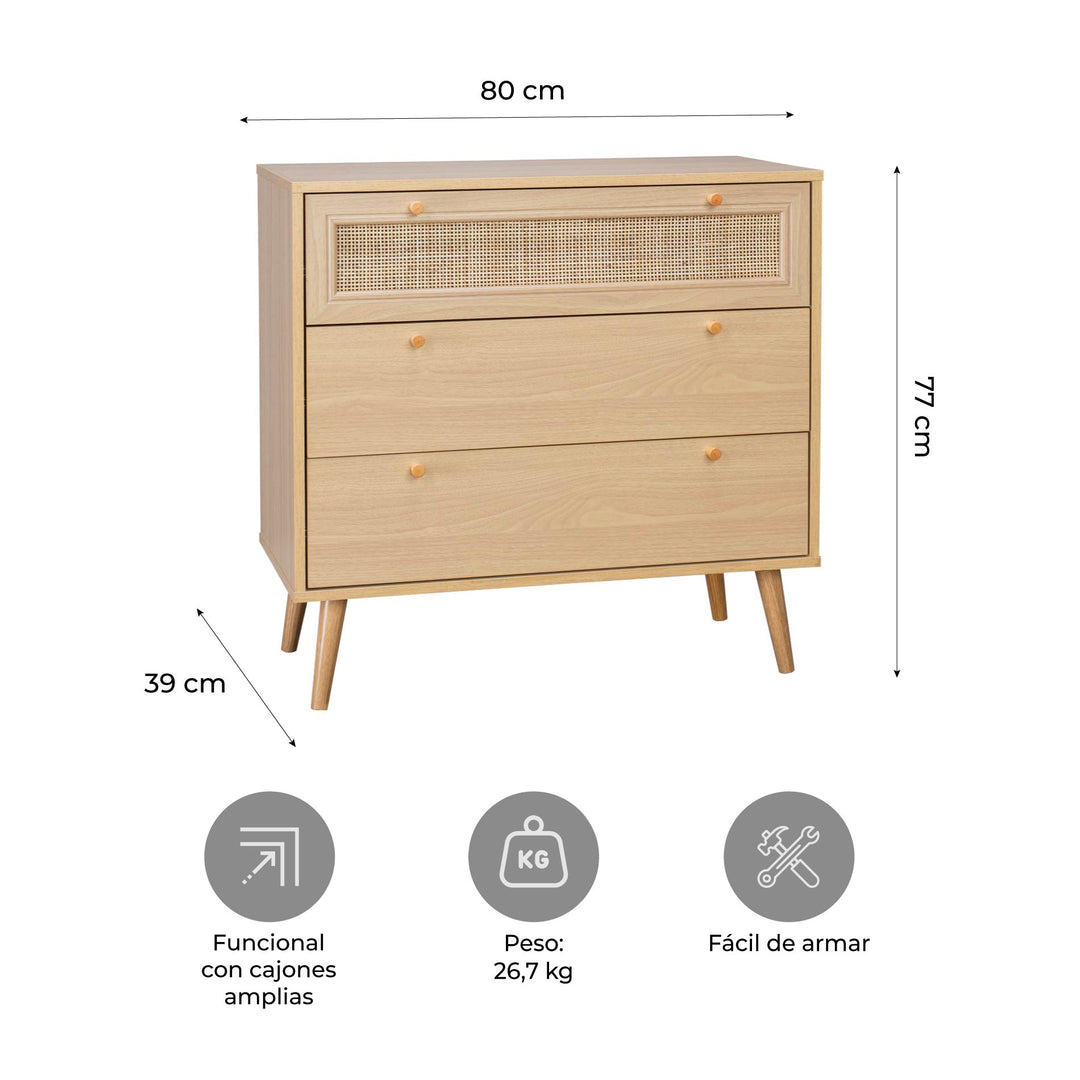 Cómoda Cajonera de 3 Cajones de Ratán
