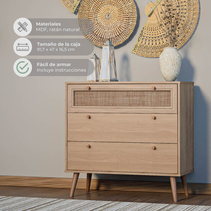 Cómoda Cajonera de 3 Cajones de Ratán