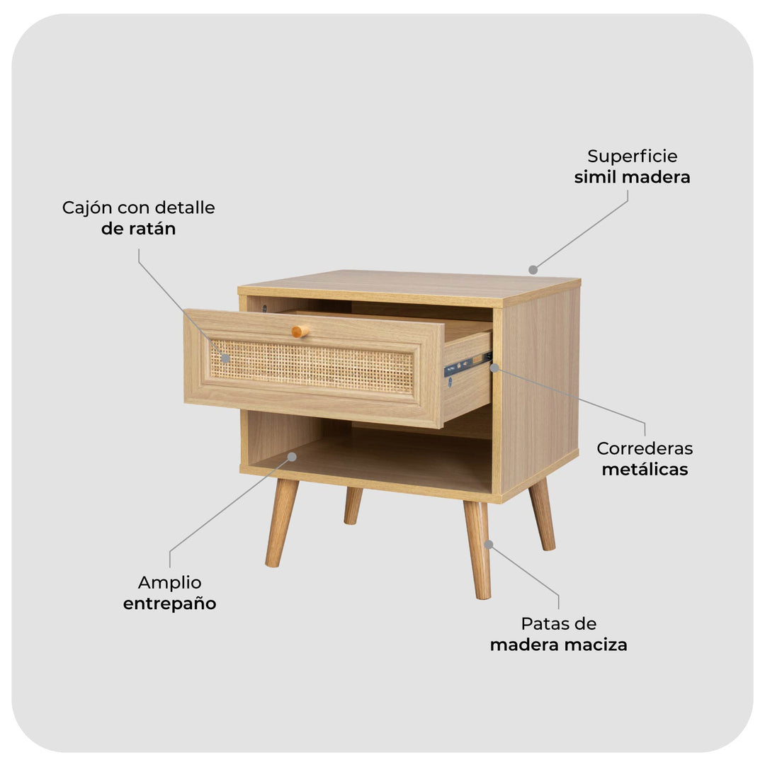 Mesa de Noche Jakarta con Cajón de Ratán
