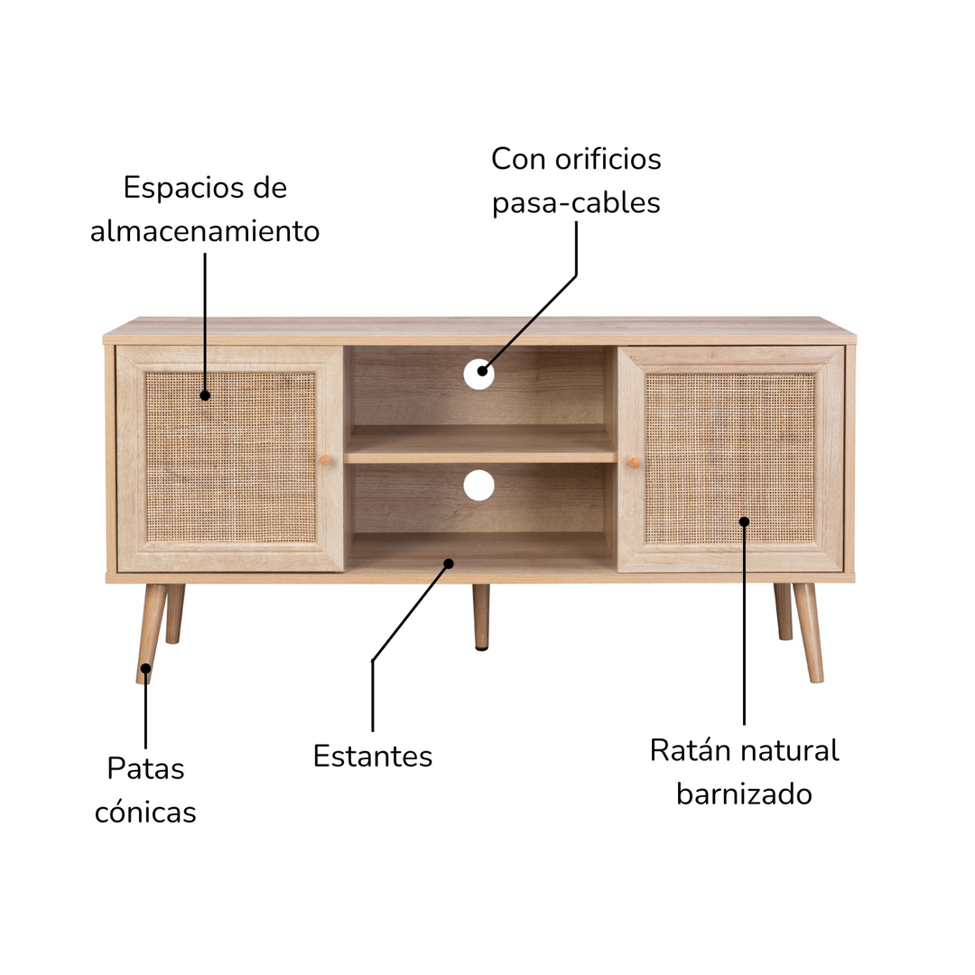 Mueble para TV con Estantes y Puertas de Ratán