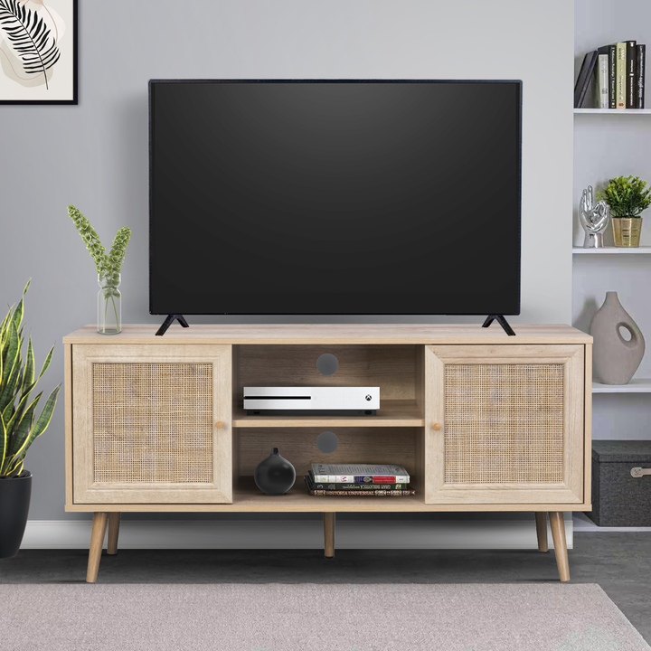 Mueble para TV con Estantes y Puertas de Ratán